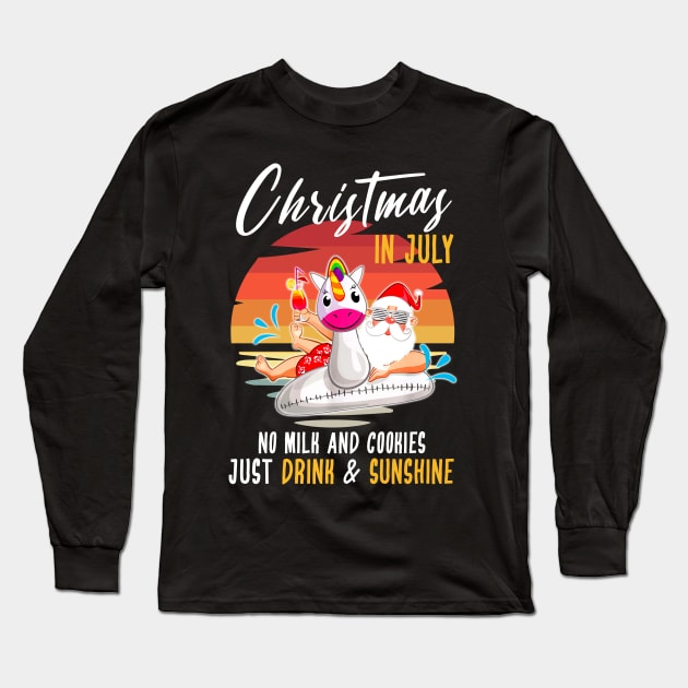 Christmas in July Retro Style No Milk & Cookies, Just Drink and Sunshine Santa Unicorn Long Sleeve T-Shirt by springins